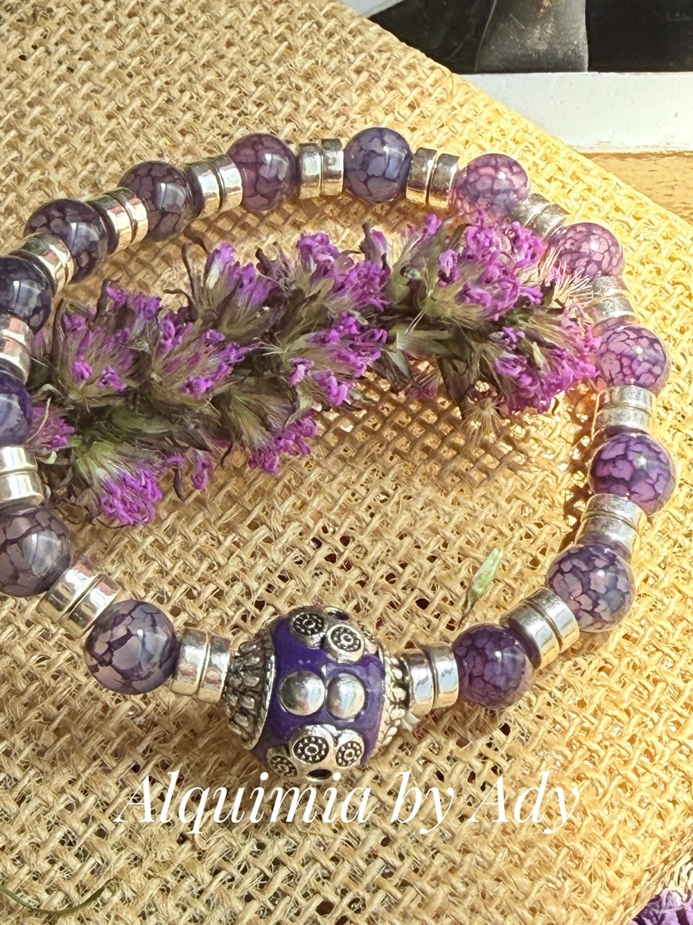 Purple Crackle Agate and Silver-Accent Stretch Bracelet